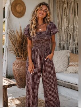Topshop Pink and Black Gingham Smocked Top Jumper with pockets, size 8, $45